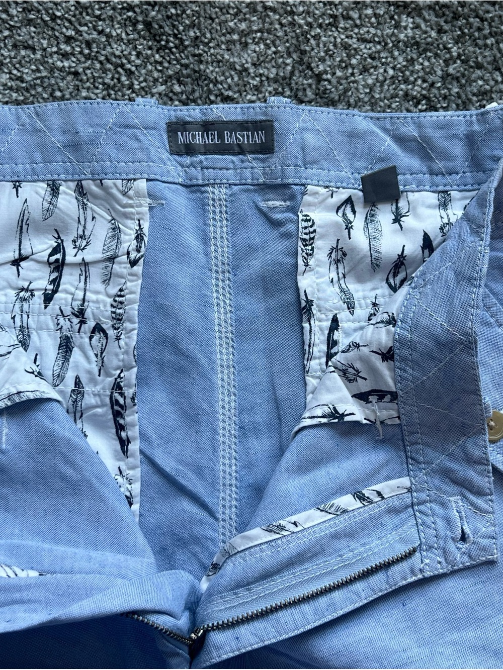 Michael Bastian Sky Blue Cotton Pants with Feather-Print Lining - Picture 3 of 4